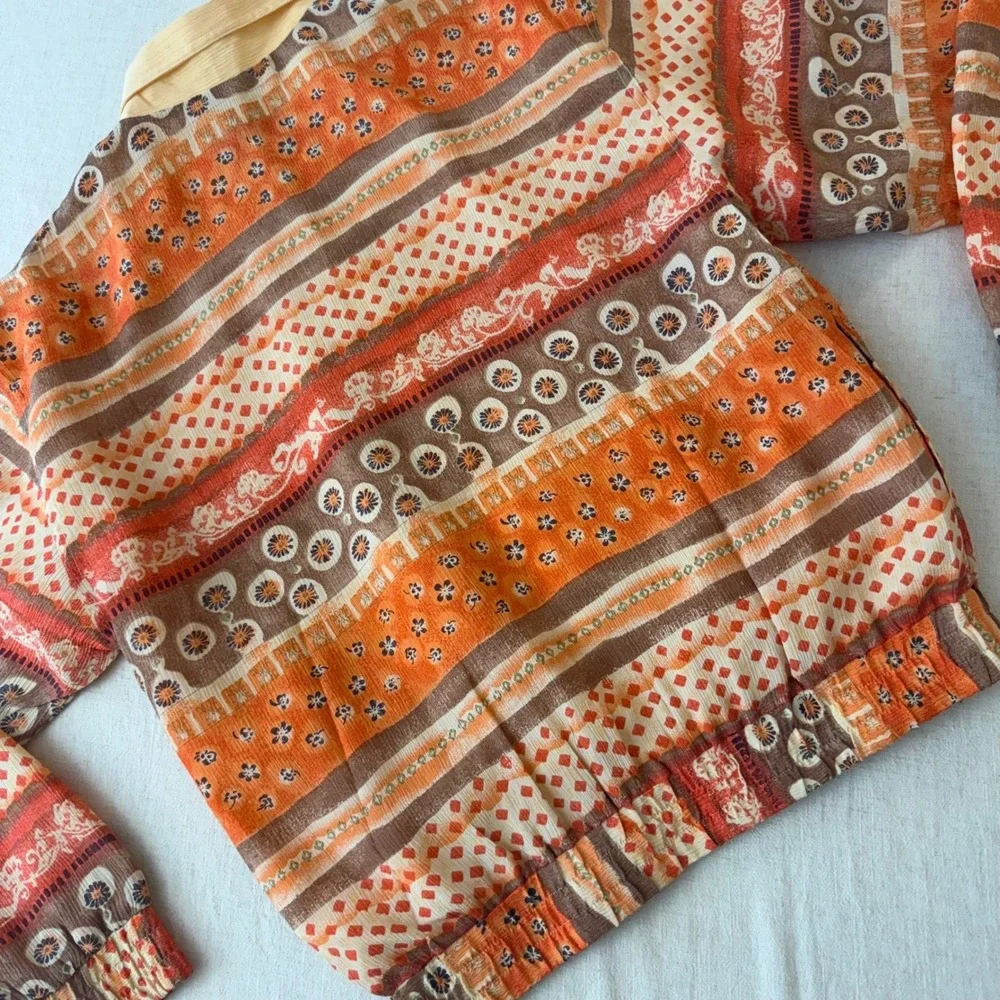 Oleg Cassini Vintage Silk Bomber Jacket Orange Geometric‎ Floral Print Small